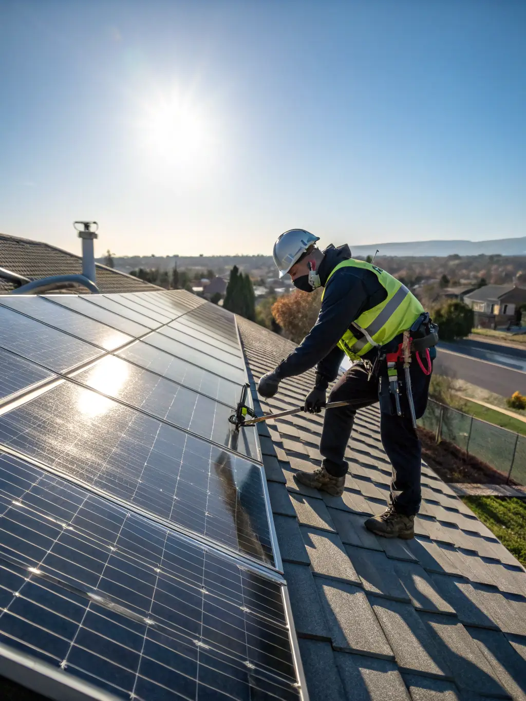A wide shot of a commercial solar panel array on a large building, with a technician performing maintenance in the background.