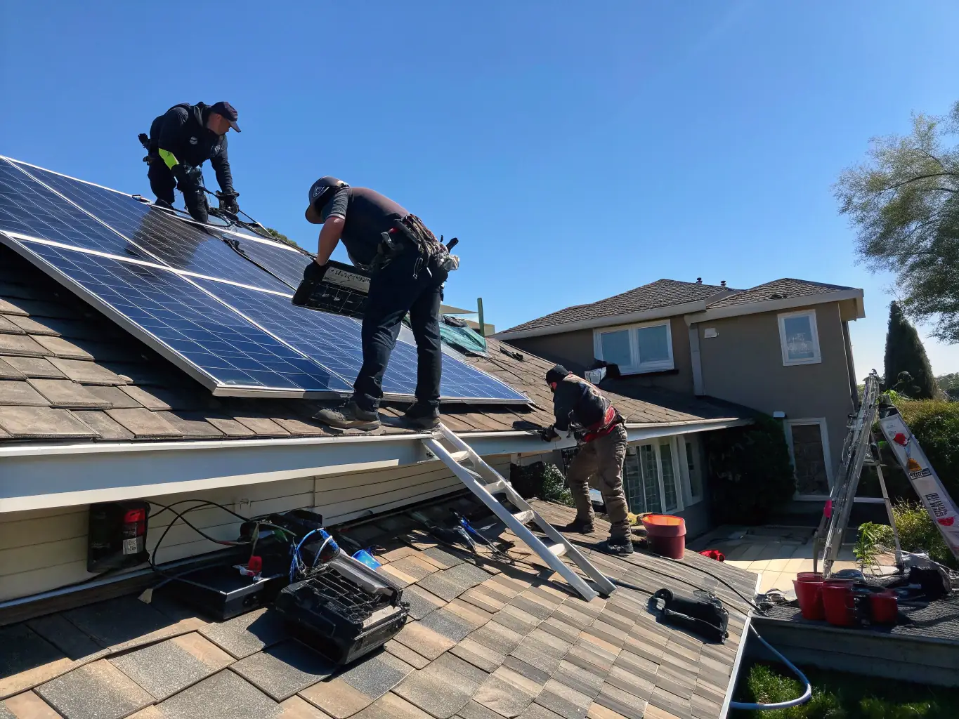 A crew installing solar panels on a commercial building with a clear blue sky in the background, showcasing a large-scale installation.