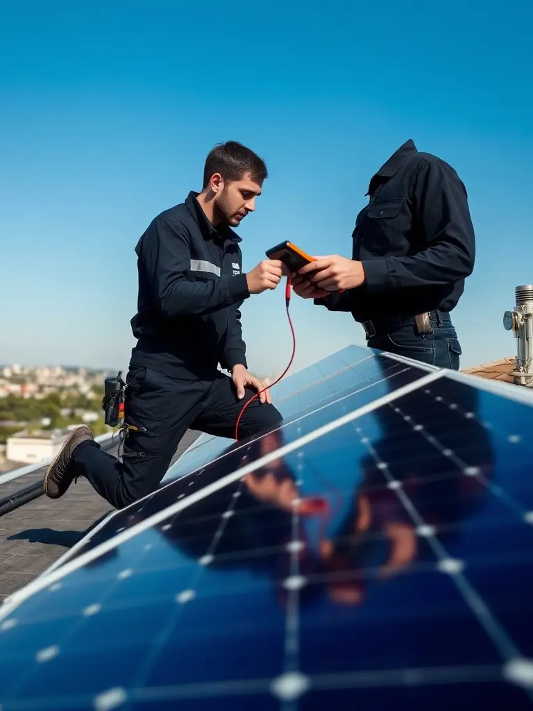 A close-up shot of a technician inspecting a residential solar panel on a rooftop, with tools and safety equipment visible.