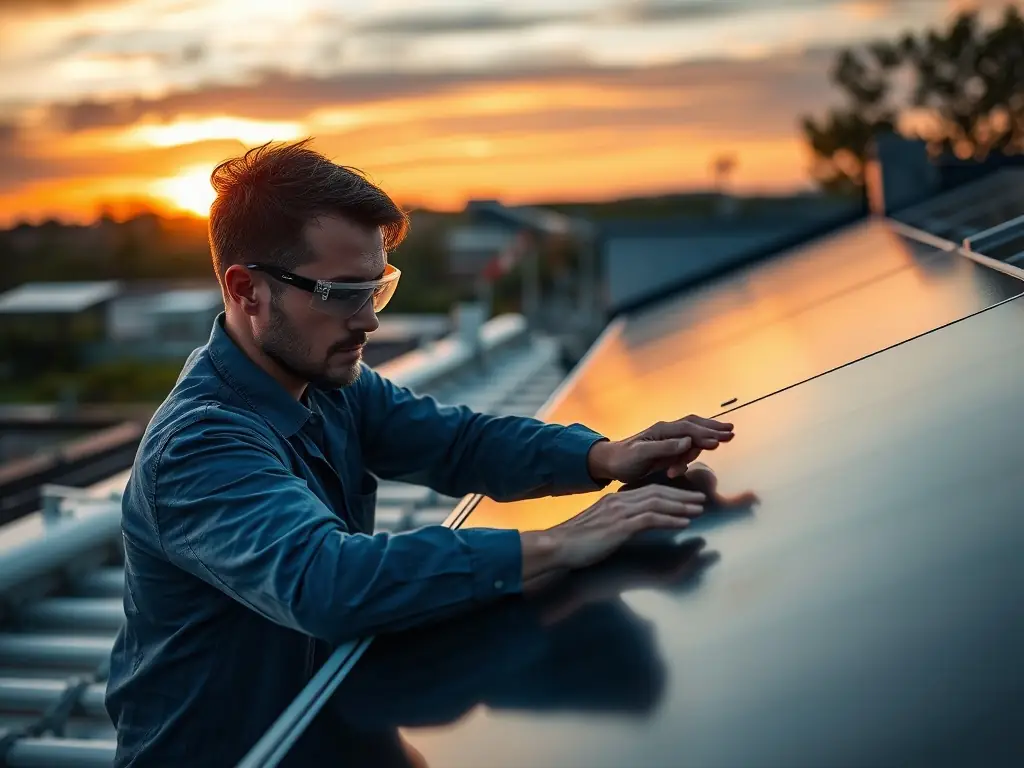 A technician inspecting and repairing solar panels on a residential roof under bright sunlight, ensuring optimal performance.