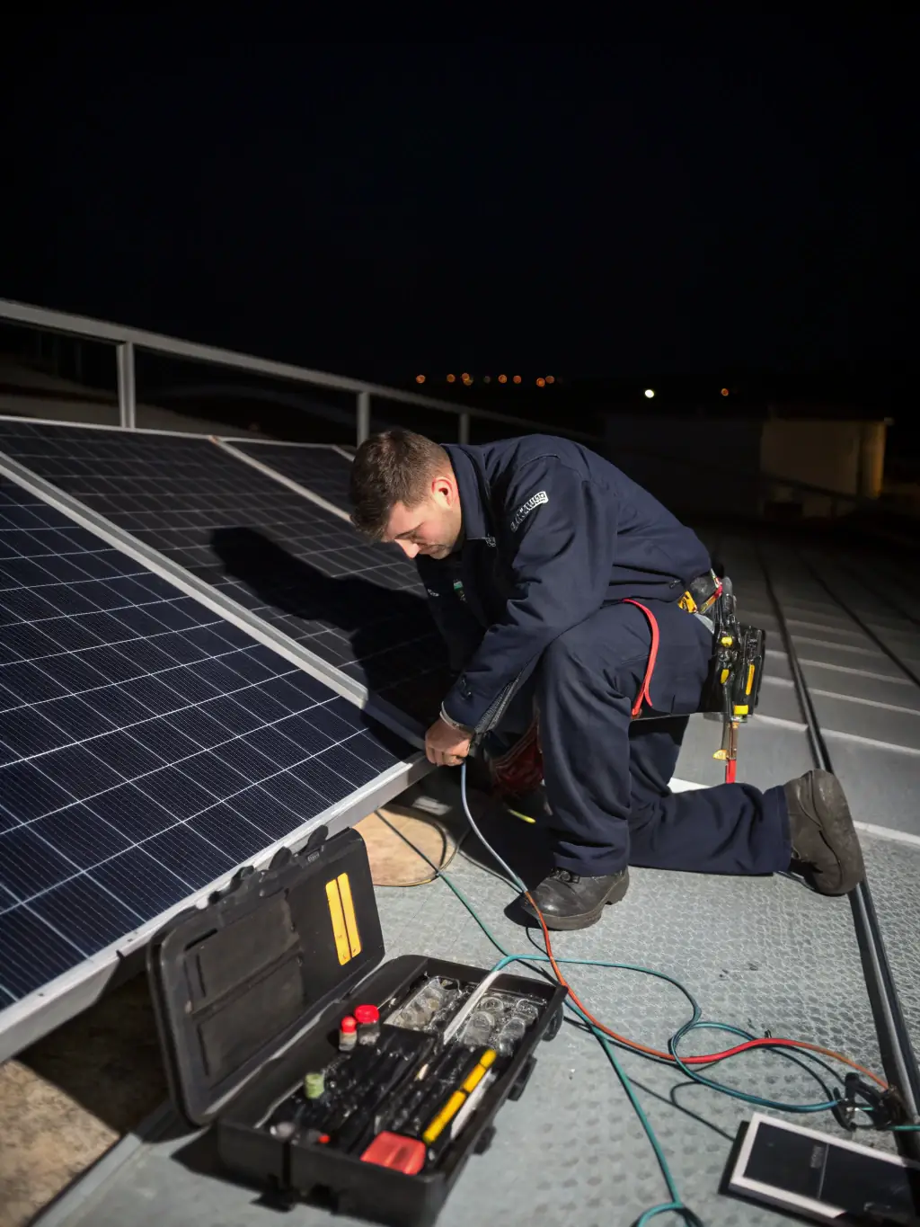 A technician replacing a faulty inverter in a solar panel system, showcasing the inverter repair service.